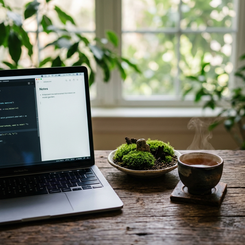 Schreibtisch mit Laptop und Tasse Tee